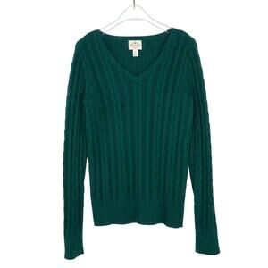 90s Vintage Emerald Green Cable Knit V-Neck Sweater Preppy Small